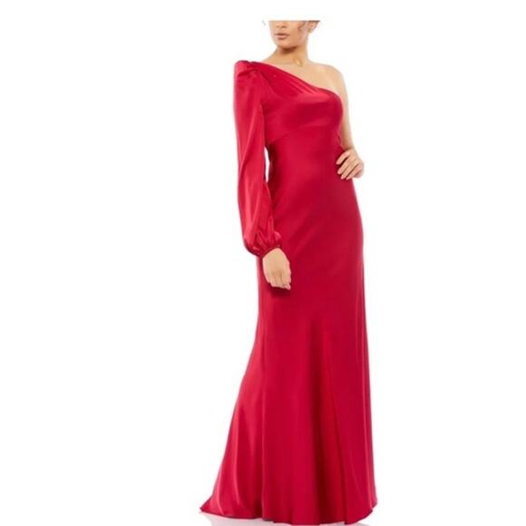 Mac Duggal NWT 55401 One Shoulder Blouson Sleeve Gown Satin Ruby Red Size 0 $398 - Picture 1 of 11